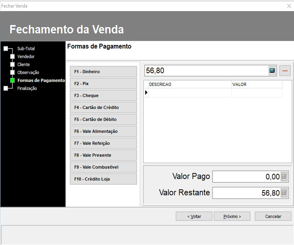 fechamento de venda - formas pgto