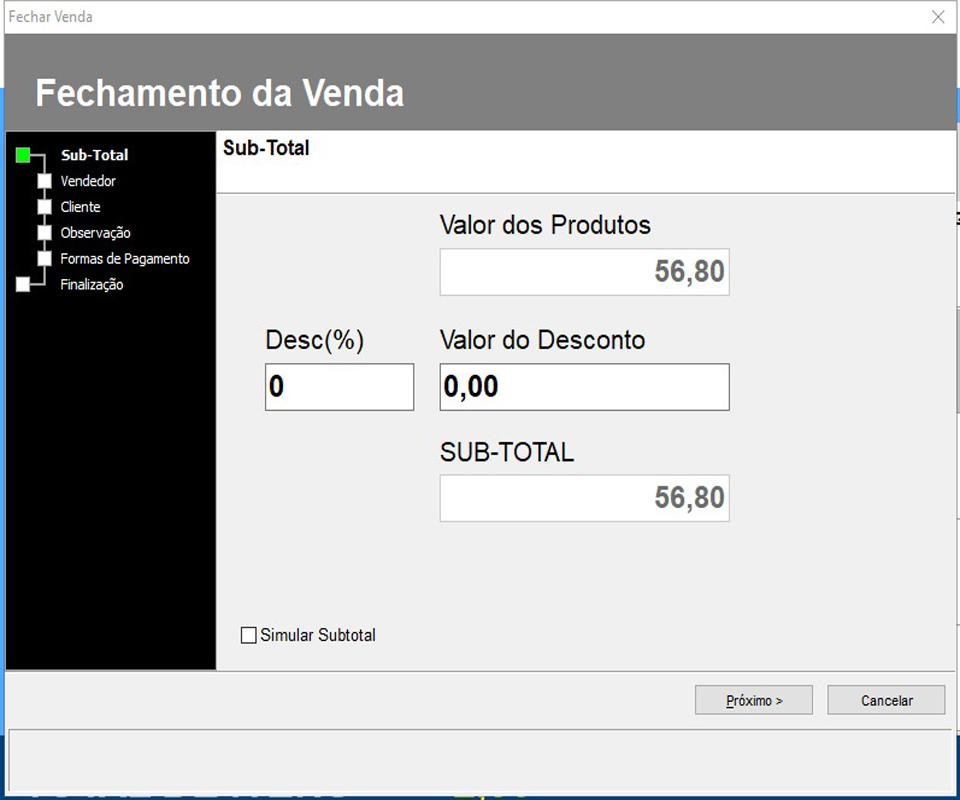 fechamento de venda - subtotal